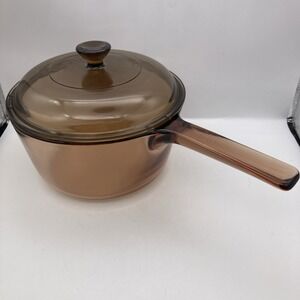 Vintage Corning Vision Ware 1.5 L Amber Glass Pot Sauce Pan With Lid Made In USA
